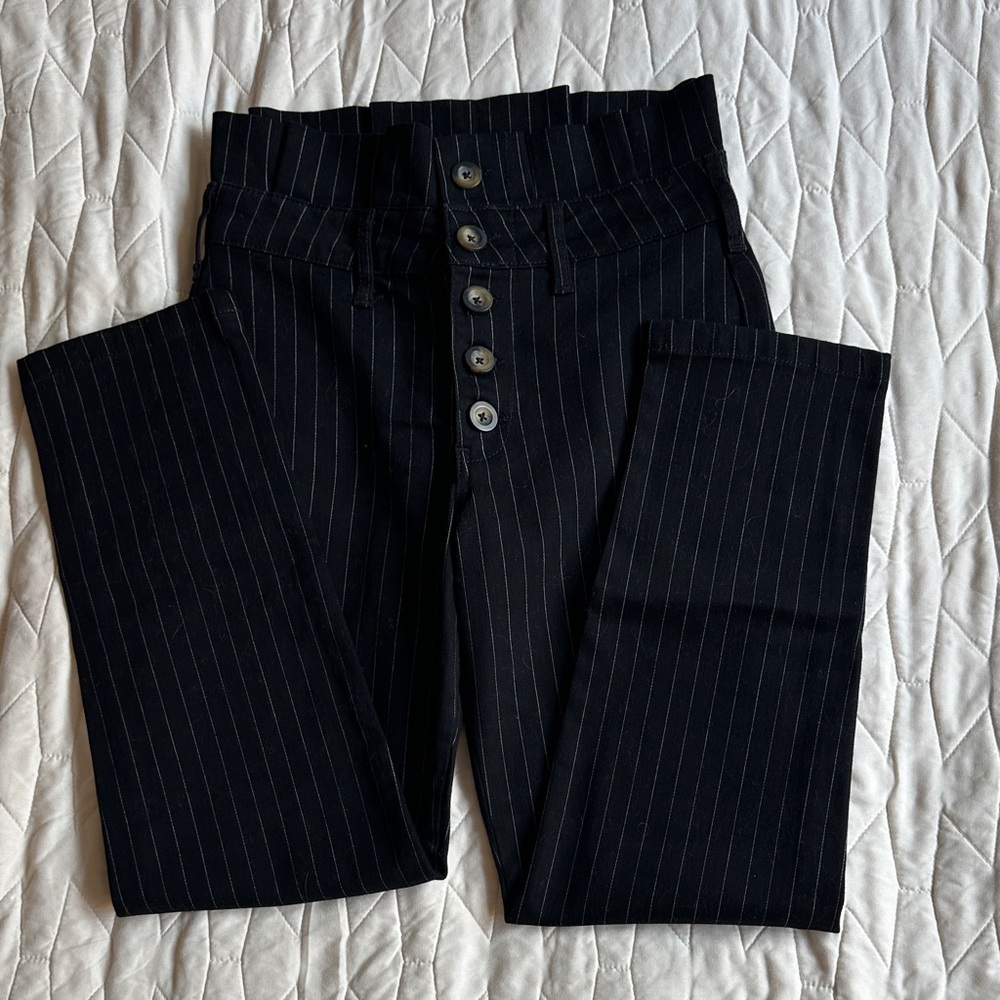 High Waist Black Pinstripe Button-Up Pants